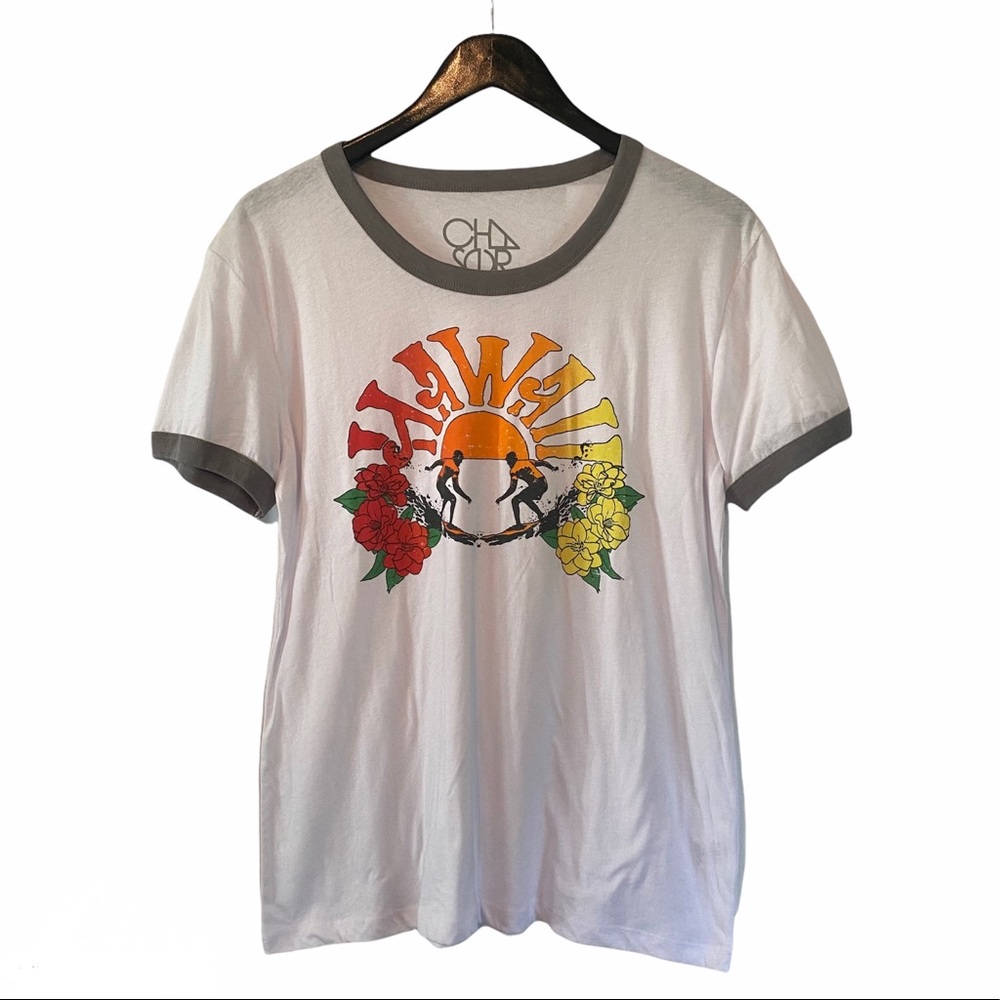 Chaser Hawaii Floral Surf Graphic Print Ringer Tee